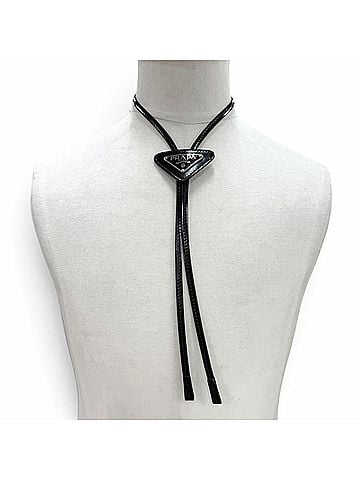 Prada PRADA patent leather triangle plate bolo tie loop necklace, black with silver hardware, for men. (view 2)