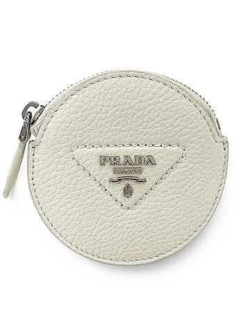 Prada PRADA 1MM006 PORTAMONETE Vitello Daino Triangle Logo Round Wallet/Coin Case, White, Made in Italy, Women's, with Box (view 1)