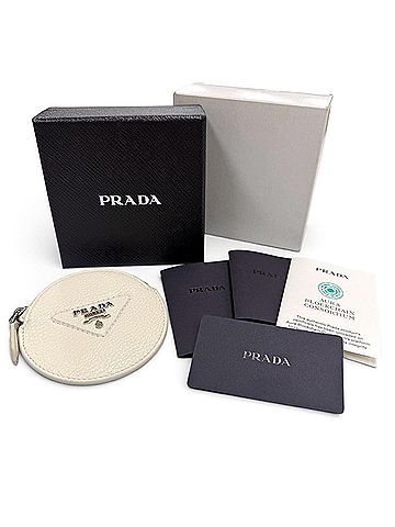 Prada PRADA 1MM006 PORTAMONETE Vitello Daino Triangle Logo Round Wallet/Coin Case, White, Made in Italy, Women's, with Box (view 2)