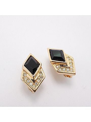 Christian Dior Christian Dior Earrings, GP Plated, Rhinestone, Gold, Black, Women's (view 2)