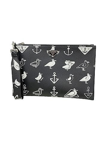 Prada Prada Saffiano Leather Clutch Bag with Seagull Pattern, Black, Men's (view 1)