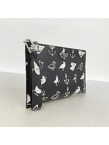 Prada Prada Saffiano Leather Clutch Bag with Seagull Pattern, Black, Men's (view 2)
