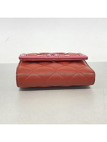 Chanel Chanel Tri-fold Wallet CC Filigree Caviar Skin Red Women's (view 2)