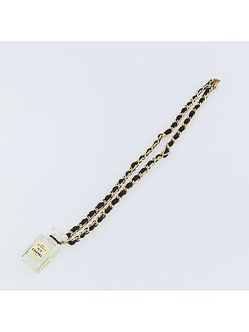 Chanel Cc Perfume Bottle Pendant Chain Long Metal With Leather, Crystals And Faux Pearl Gold Metal Necklace Jewelry (view 1)