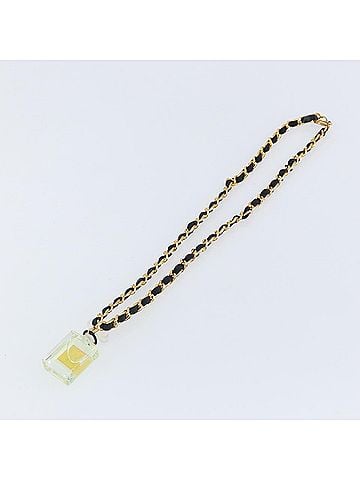 Chanel Cc Perfume Bottle Pendant Chain Long Metal With Leather, Crystals And Faux Pearl Gold Metal Necklace Jewelry (view 2)