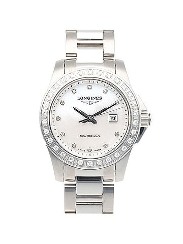 Longines Longines Conquest watch, stainless steel, quartz, ladies', L3.258.0, LONGINES, slightly flawed, non-waterproof, white mother-of-pearl, 11 diamonds, diamond bezel. (view 1)
