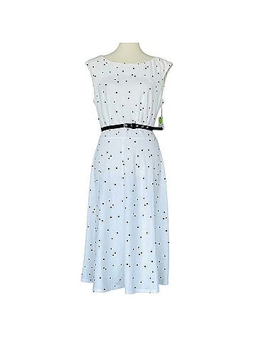 Liz Claiborne Calvin Klein Elegant White Polka Dot Dress Casual Dress (view 1)
