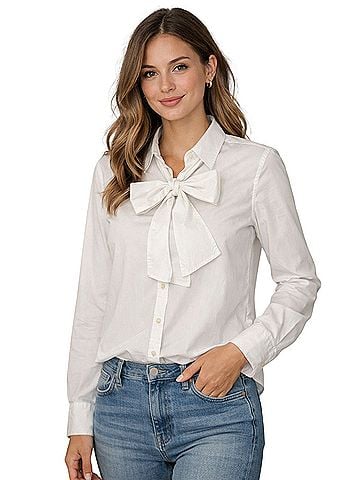Banana Republic Ivory Tie-Neck Button-Down Shirt Long Sleeve T-Shirt (view 1)