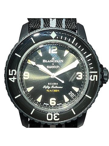 BLANCPAIN Swatch Blancpain Ocean of Storm watch, total weight 41.8g, ceramic, linen strap, automatic movement, black dial, SO35B400 (view 1)