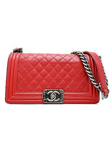 Chanel Chanel Boy 25 Chain Shoulder Bag, Embossed, Silver Hardware, Women's A67086, Lambskin, Red (view 1)