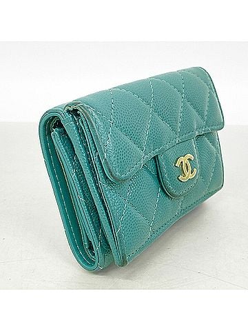 Chanel Chanel Matelassé Tri-fold Wallet, Caviar Leather, Green Champagne, Women's (view 2)