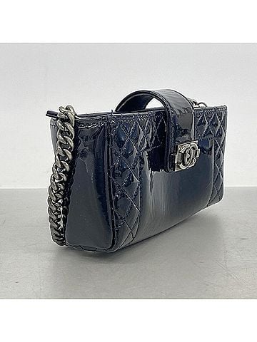 Chanel Chanel Boy Chain Shoulder Bag, Patent Leather, Navy, Women's (view 2)