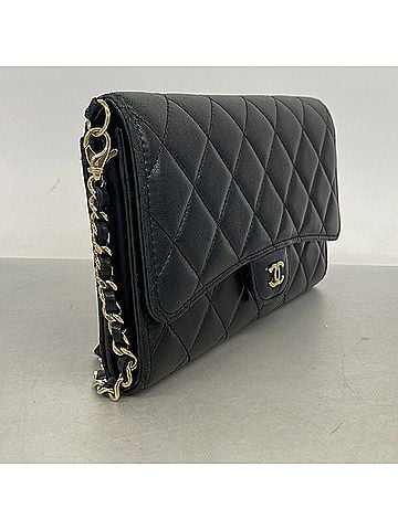 Chanel Chanel Matelassé Chain Shoulder Wallet, Lambskin, Black/Champagne, Women's (view 2)