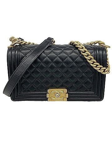 Chanel Chanel Boy Chain Shoulder Bag, Caviar Leather, Black/Champagne, Women's (view 1)
