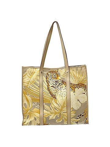 Salvatore Ferragamo Salvatore Ferragamo Ferragamo handbag for women, brand tote bag, canvas, beige and orange, AU-21 2866, leopard animal print. (view 1)