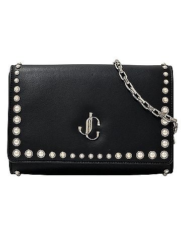 Jimmy Choo Jimmy Choo handbag for women, a brand name item, can be used as shoulder bag or clutch bag, 2-way, made of leather with faux pearls, black, chain strap, mini and pearl studs. (view 1)