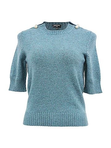 Chanel Chanel Knitted Pearl-Embellished Short Sleeve Top in Blue Wool (view 1)