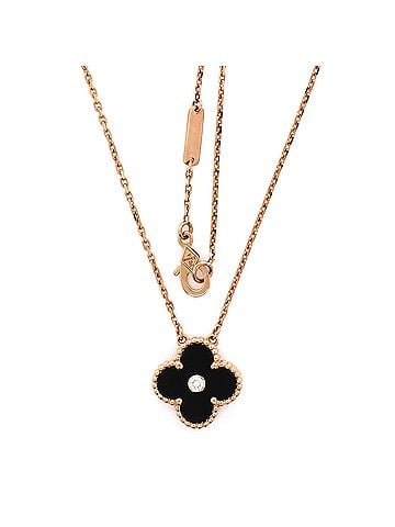 Van Cleef & Arpels Vintage Alhambra Pendant Necklace 18K Rose Gold and Onyx with Diamond (view 2)