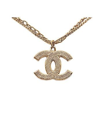 Chanel CC Gold Plated Textured Pendant Double Chain Necklace (view 1)