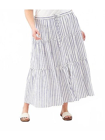 Karen Kane Stripe Tiered Midi Skirt - Plus in Off White With Blue (view 2)