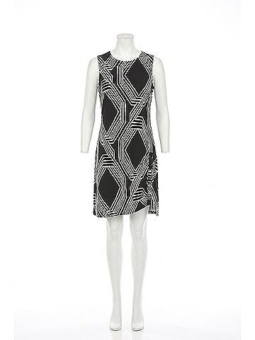Joseph Ribkoff Geometric Print Shirred Sleeveless Sheath Dress in Black/Vanilla (view 1)