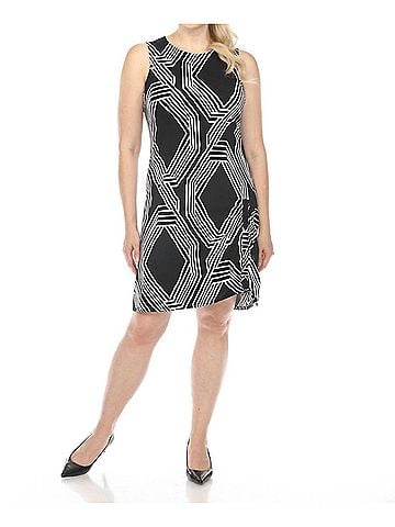 Joseph Ribkoff Geometric Print Shirred Sleeveless Sheath Dress in Black/Vanilla (view 2)