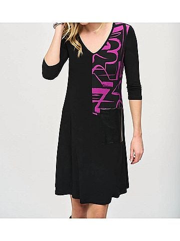 Joseph Ribkoff Colorblock 3/4 Sleeve Trapeze Dress in Black/Empress (view 2)