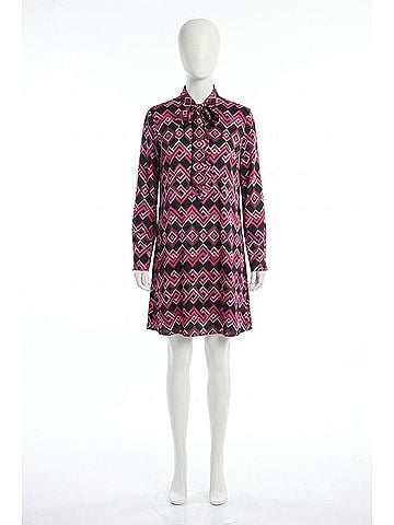 Joseph Ribkoff Geometric Pussy Bow Satin Shift Dress in Black/Multi (view 1)