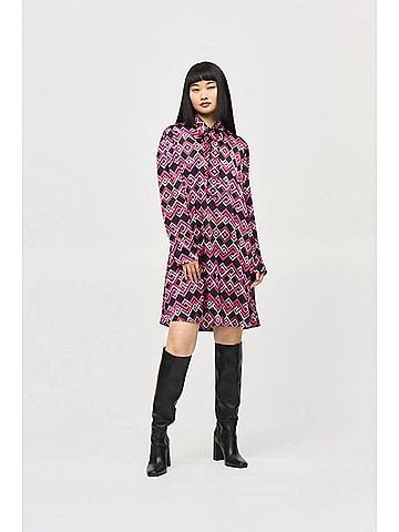 Joseph Ribkoff Geometric Pussy Bow Satin Shift Dress in Black/Multi (view 2)