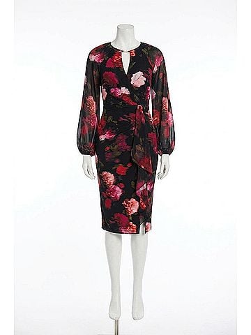 Joseph Ribkoff Floral Chiffon Puff Sleeve Sheath Dress in Black/Multi (view 1)