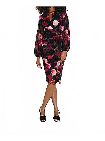 Joseph Ribkoff Floral Chiffon Puff Sleeve Sheath Dress in Black/Multi (view 2)
