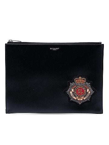 Saint Laurent Embroidered Crest Calfskin Zippered Clutch (view 1)