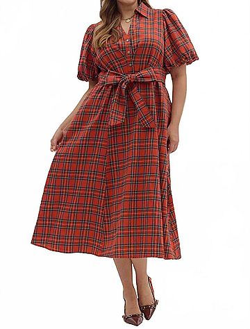 Entro Plaid Puff Sleeve Midi Dress With Waist Tie - Plus in Holiday Red (view 2)