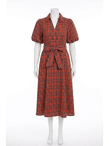 Entro Plaid Puff Sleeve Midi Dress With Waist Tie - Plus in Holiday Red (view 1)
