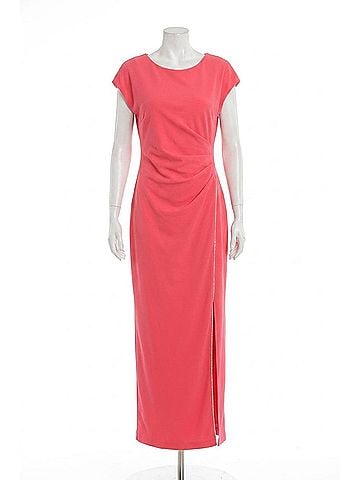 Joseph Ribkoff Rhinestone Trim Side Slit Long Dress in Paradise Coral (view 1)
