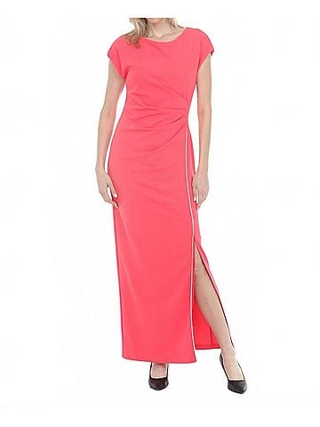 Joseph Ribkoff Rhinestone Trim Side Slit Long Dress in Paradise Coral (view 2)