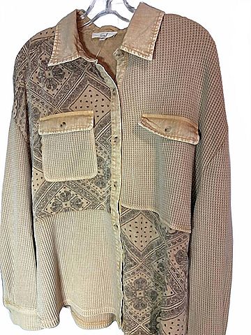 Easel Women's Light Print Mix Button Down Shirt in Toast (view 2)