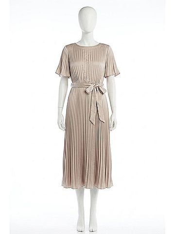 Joseph Ribkoff Pleated Satin Midi Fit And Flare Dress in Sand (view 1)
