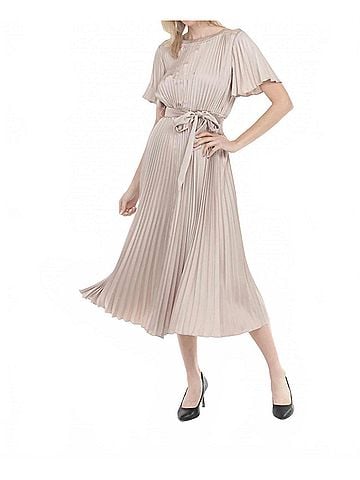 Joseph Ribkoff Pleated Satin Midi Fit And Flare Dress in Sand (view 2)