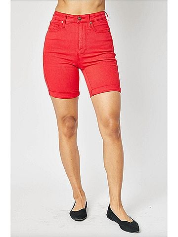 Judy Blue Tummy Control Bermuda Shorts in Red (view 2)