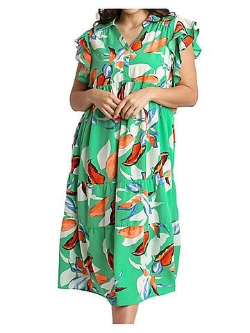 Umgee Floral Print Collared Midi Dress in Green (view 2)