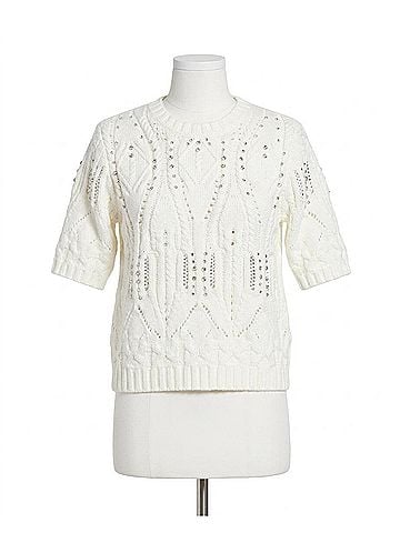 Lyssé Hadley Cozy Short Sleeve Embellished Cable Sweater in White (view 1)