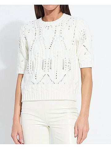 Lyssé Hadley Cozy Short Sleeve Embellished Cable Sweater in White (view 2)