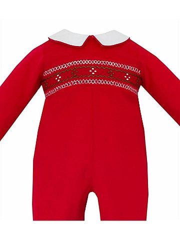 Anavini Girl's Corduroy Smocked Long Sleeve Ralph Romper in Red (view 2)
