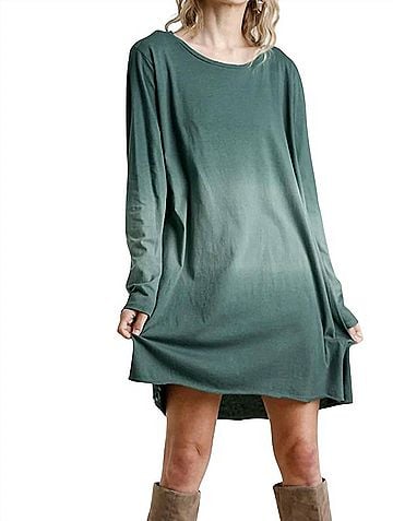 Umgee Dip Dye Ombre Round Neck Dress in Forest (view 2)