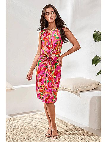 Tribal Printed Jersey V?Neck Front?Knot Midi Dress in Pink Glow (view 2)