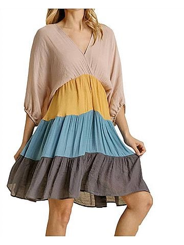 Umgee Balloon Sleeve Tiered Dress in Rose/Honey (view 2)