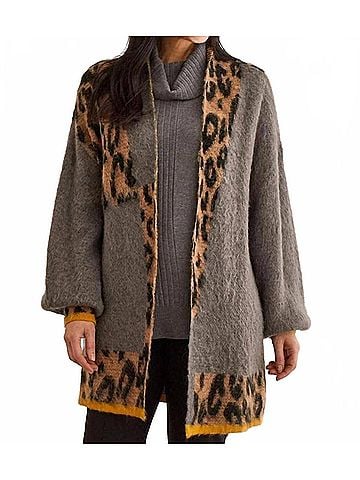 Tribal Animal Colour Block Cardigan in Grey Leopard (view 2)