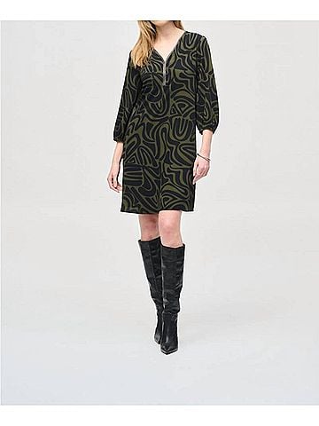 Joseph Ribkoff Abstract Print Puff Sleeve Shift Dress in Black/Green (view 2)