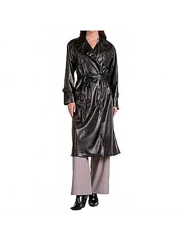Elan Women's Florentine Leather Trench Coat in Black (view 2)